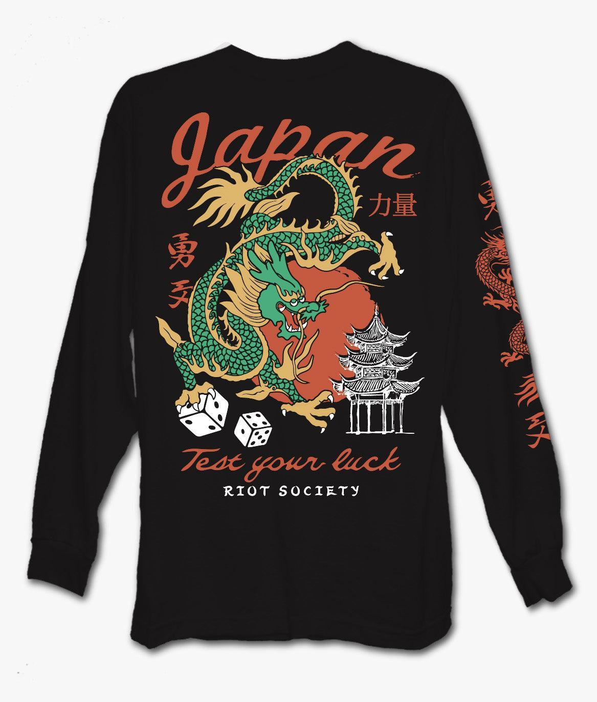 Japan Test Your Luck Dragon Puff Mens Long Sleeve T-Shirt - Black