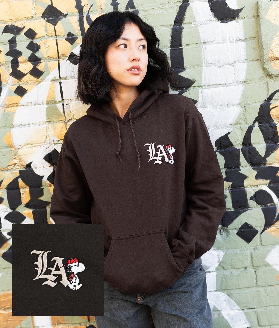 Peanuts Snoopy LA Urban Embroidered Womens Hoodie - Dark Chocolate - - Riot Society