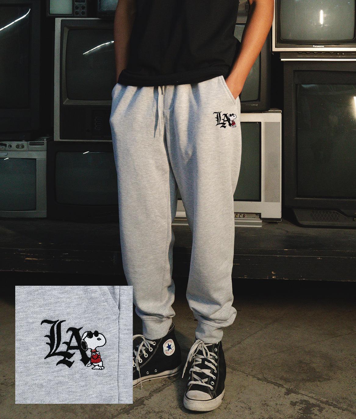 Peanuts Snoopy LA Chill Embroidered Mens Joggers - Heather-Grey - - Riot Society