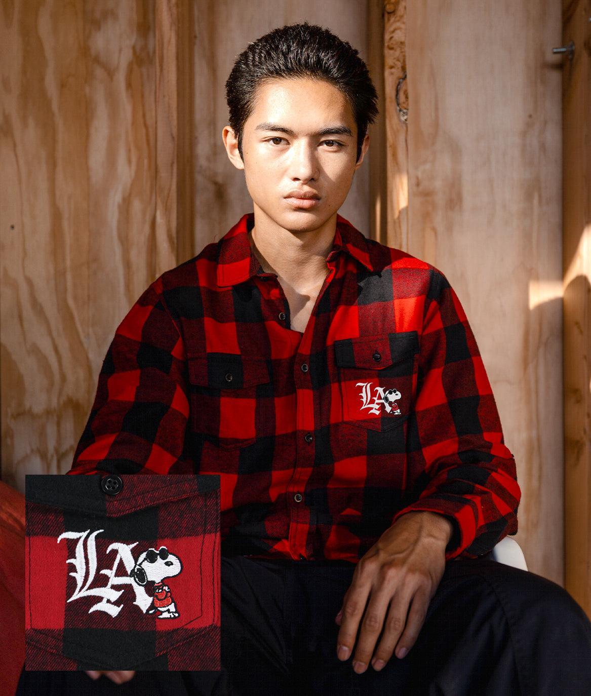 Peanuts Snoopy LA Chill Embroidered Mens Flannel Shirt - Red-Black - - Riot Society
