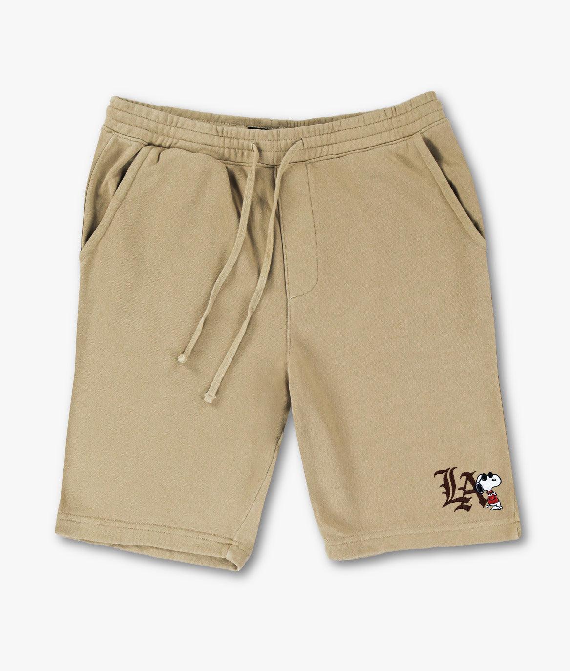 Peanuts Snoopy LA Chill Embroidered Mens Fleece Shorts - Pigment Sandstone - - Riot Society