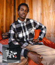 Peanuts Snoopy LA Chill Embroidered Mens Flannel Shirt - Grey-Black - - Riot Society