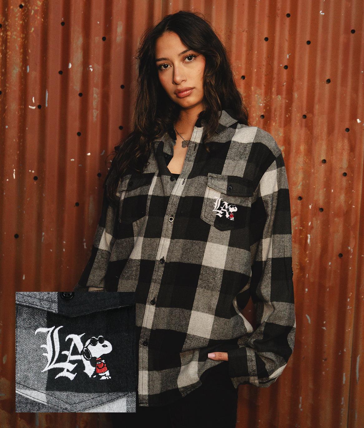 Peanuts Snoopy LA Chill Embroidered Unisex Flannel Shirt - Grey-Black - - Riot Society