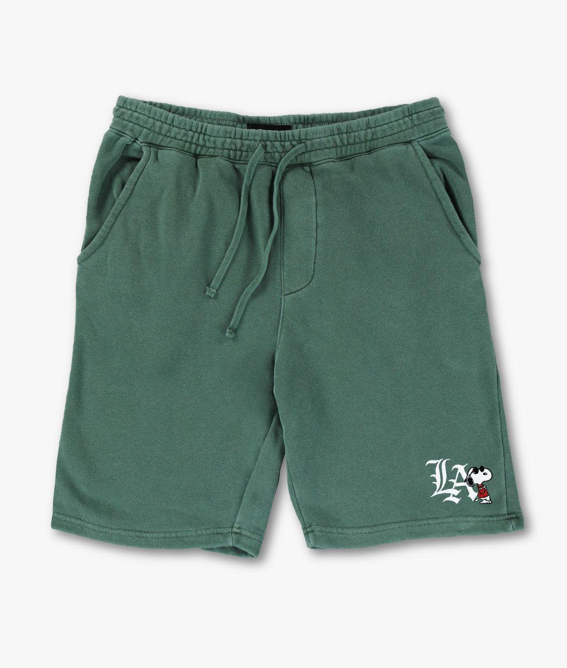 Peanuts Snoopy LA Chill Embroidered Mens Fleece Shorts - Pigment Alpine Green - - Riot Society