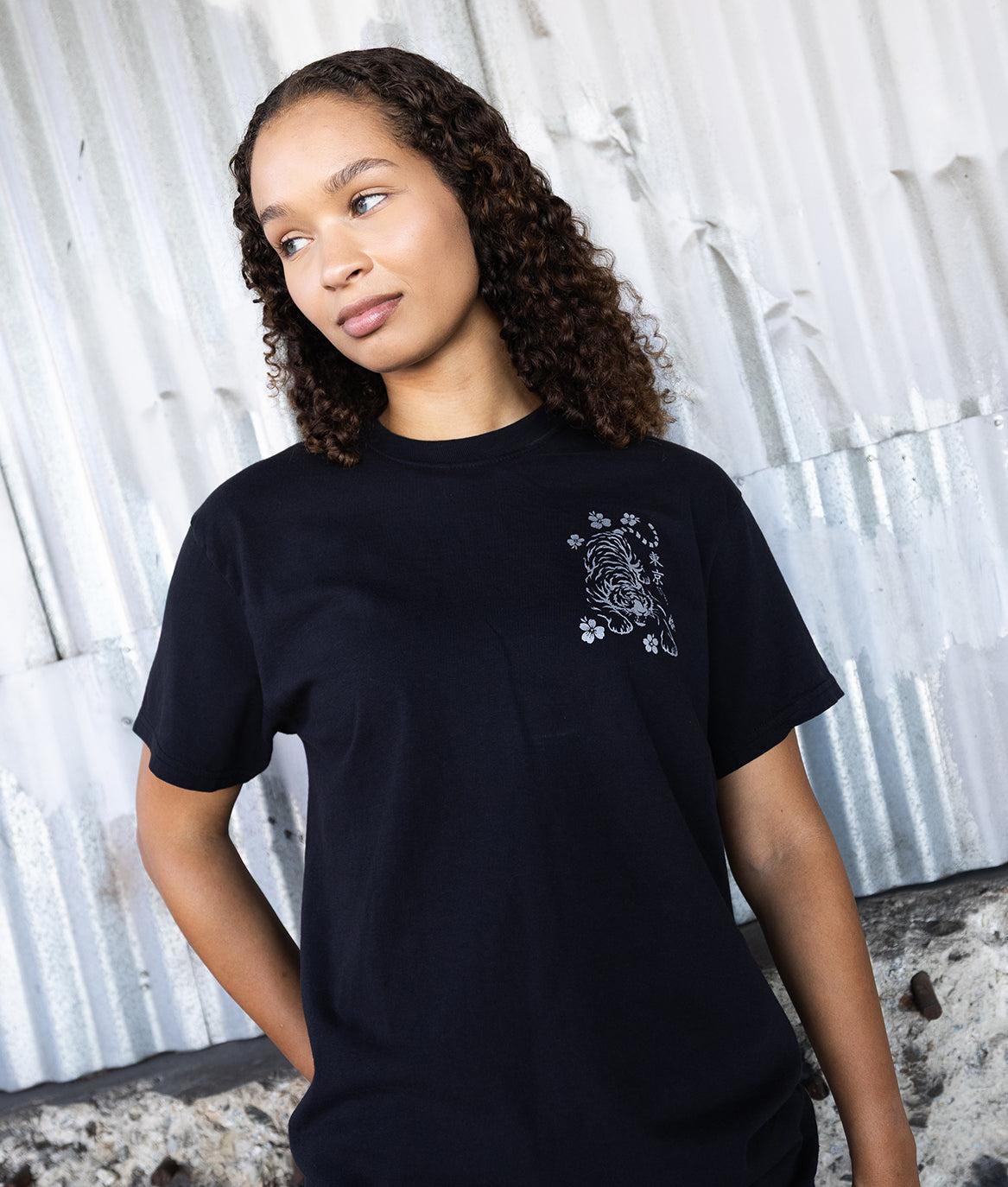 Tiger Cherry Blossoms Kanji Metallic Boyfriend Tee - Black - - Riot Society
