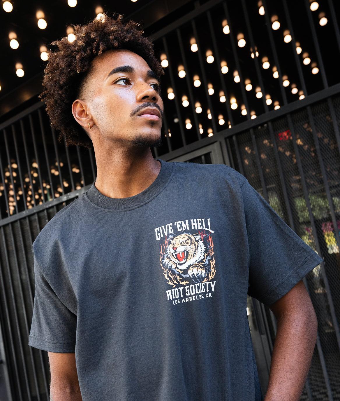 Tiger Flames Give 'Em Hell Heavyweight Boxy Mens T-Shirt - Vintage Black - - Riot Society
