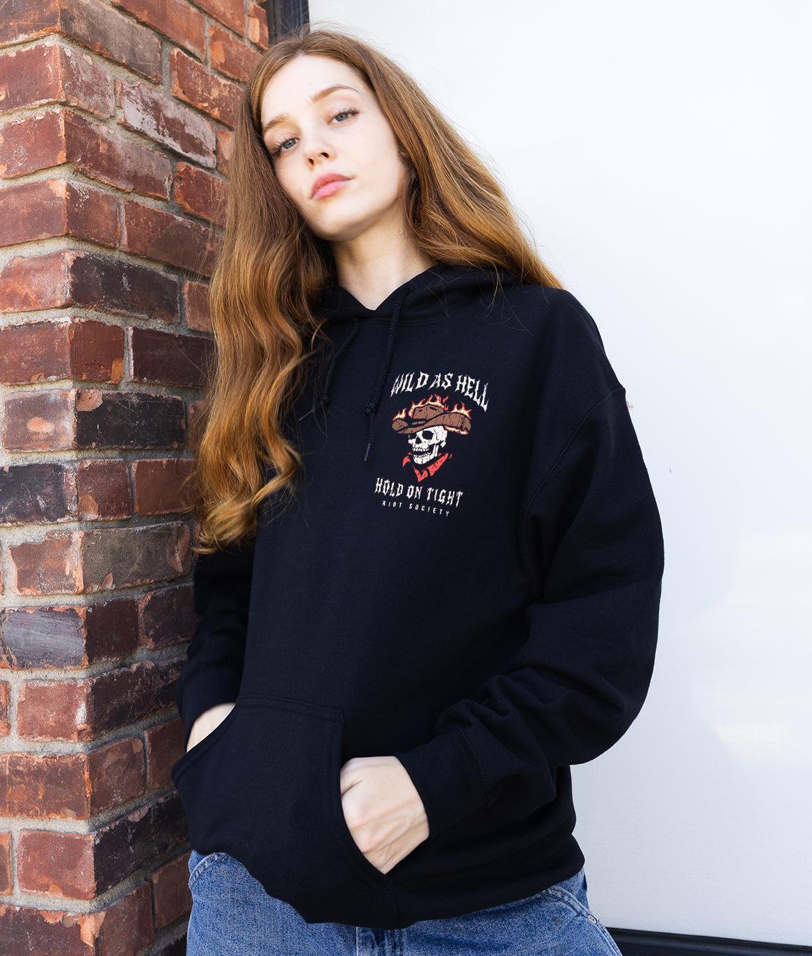 Wild As Hell Skeleton Hold On Tight Womens Hoodie - Black - - Riot Society