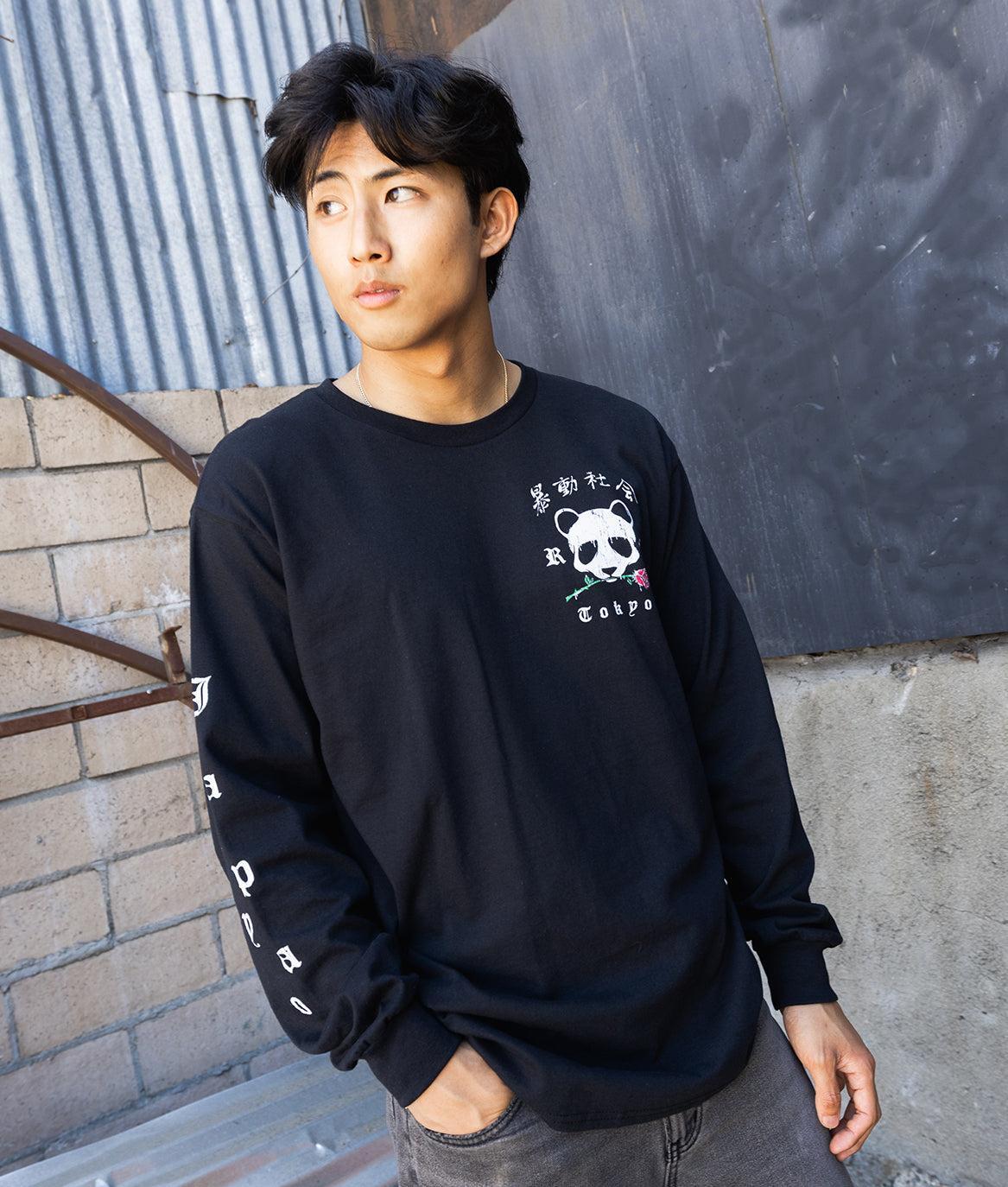 Panda Rose Distressed Mens Long Sleeve T-Shirt - Black - - Riot Society