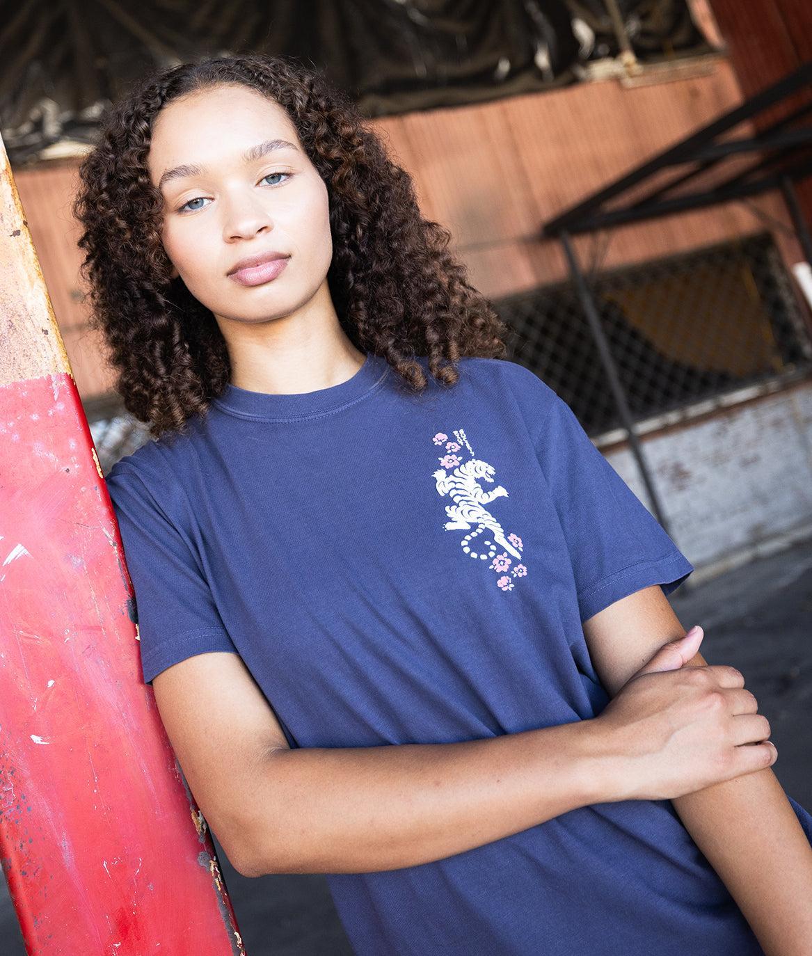 Tiger Cherry Blossoms Puff Boyfriend Tee - Navy - - Riot Society