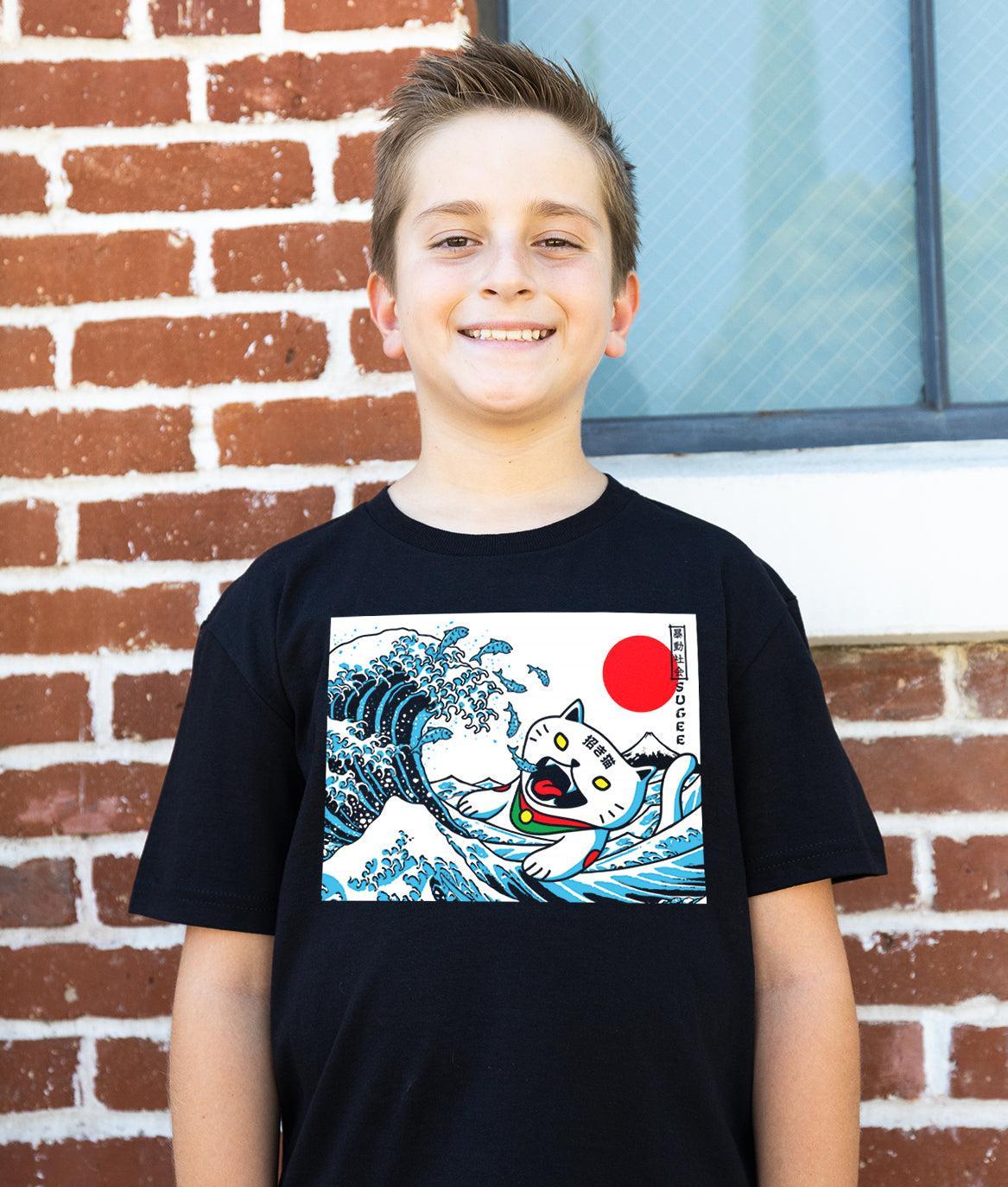 Sugee Kanji Great Wave Lucky Cat Boys Tee - Black - - Riot Society