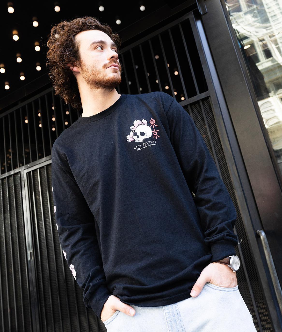 Japan Koi Tattoo Blossom Mens Long Sleeve T-Shirt - Black - - Riot Society