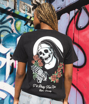 I'll Pray For You Skeleton Roses Boyfriend Tee - - Riot Society