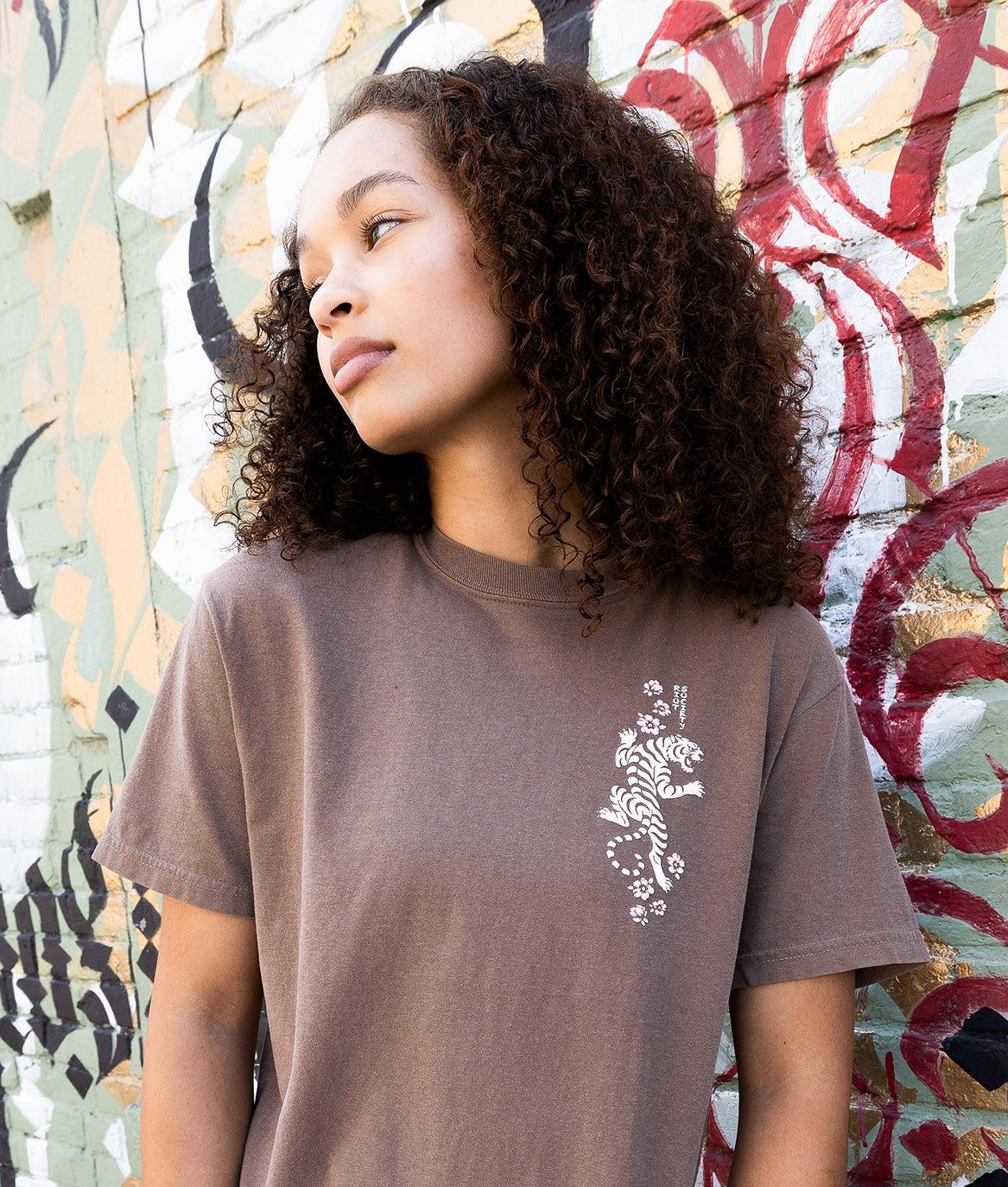 Tiger Cherry Blossoms Puff Boyfriend Tee - Espresso - - Riot Society