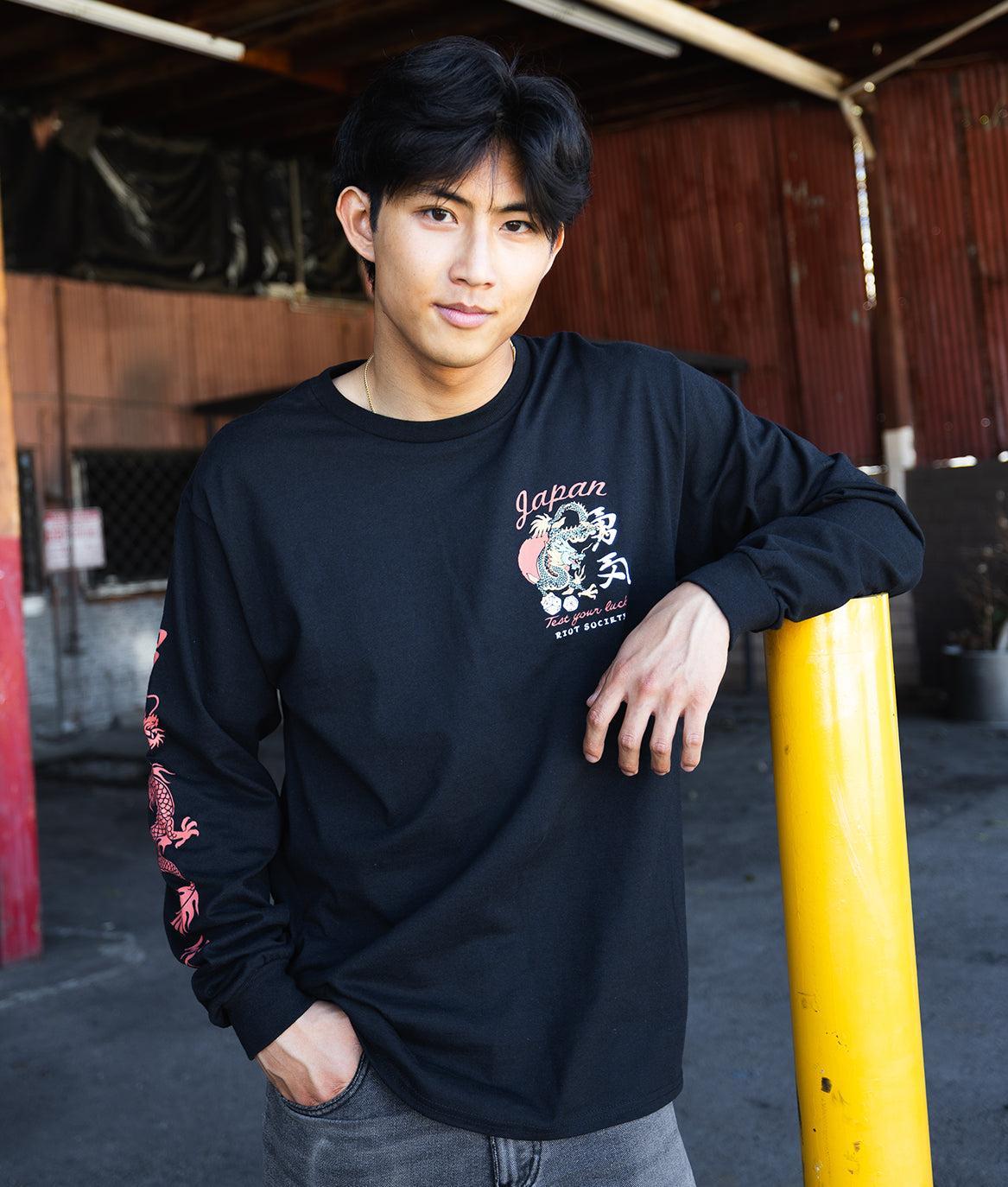 Japan Test Your Luck Dragon Puff Mens Long Sleeve T-Shirt - Black - - Riot Society