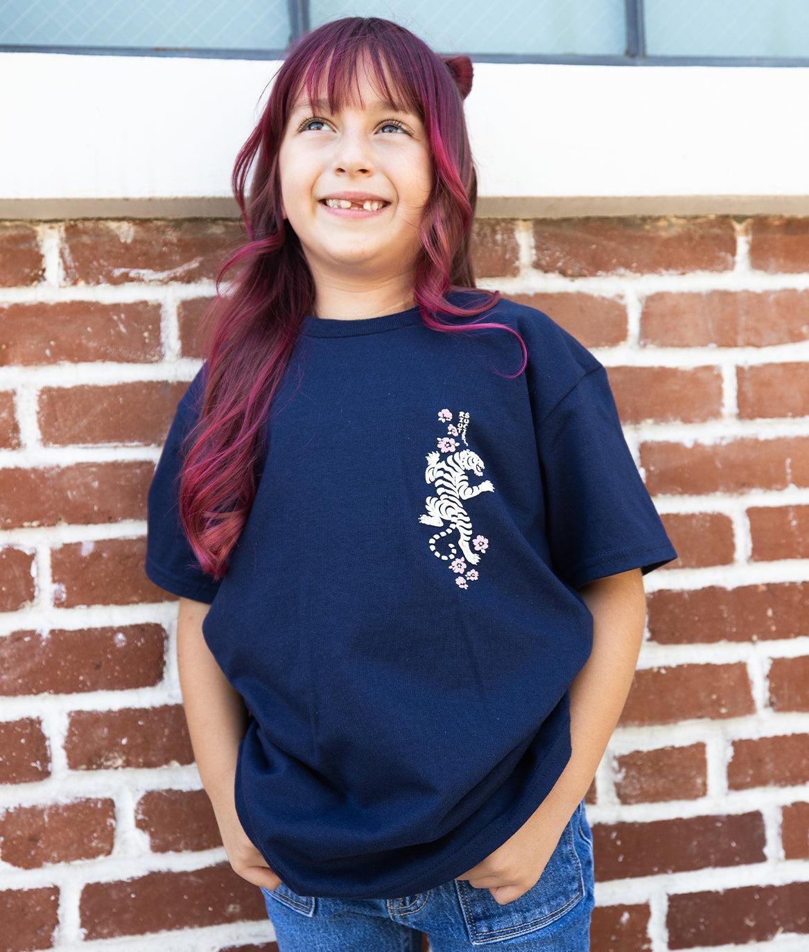 Tiger Cherry Blossoms Girls Tee - Navy - - Riot Society