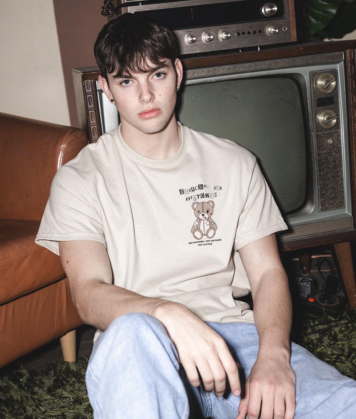 Snitches Get Stitches Teddy Mens T-Shirt - - Riot Society