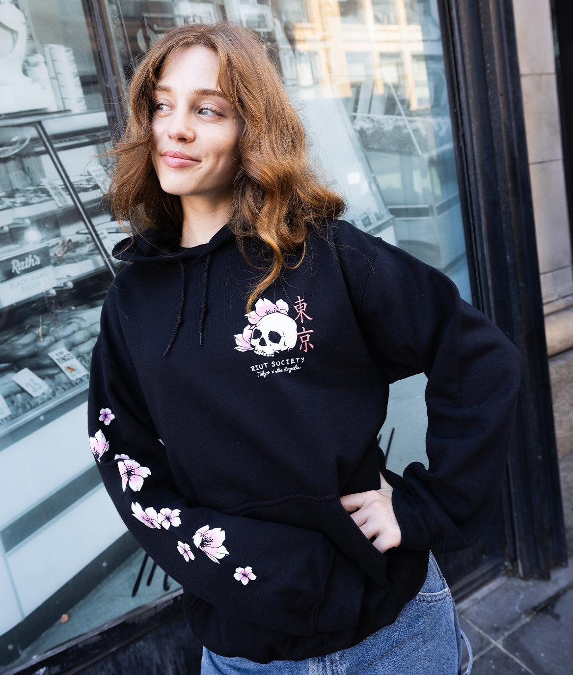 Japan Koi Tattoo Blossom Kanji Womens Hoodie - Black - - Riot Society