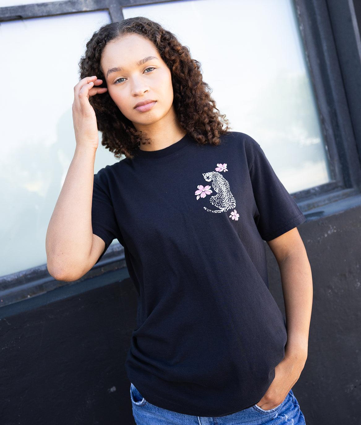 Leopard Cherry Blossoms Puff Boyfriend Tee - Black - - Riot Society