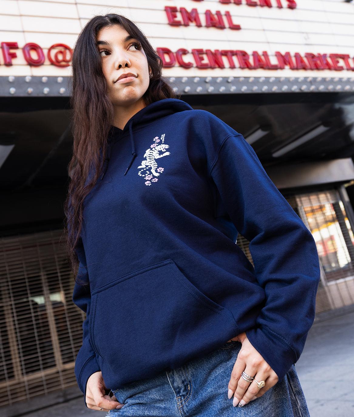 Tiger Cherry Blossoms Puff Womens Hoodie - Navy - - Riot Society