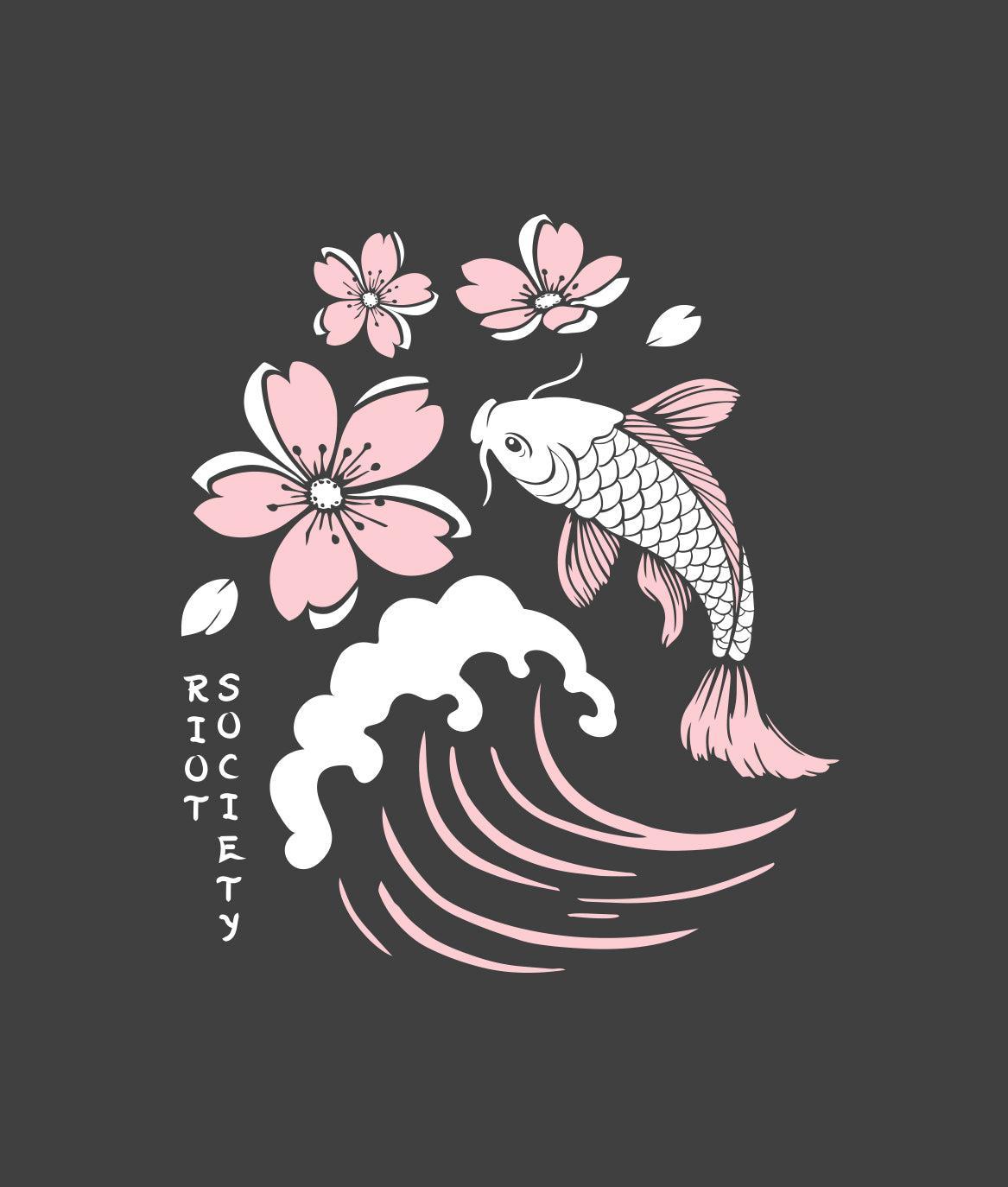 Koi Cherry Blossoms Wave Puff Boyfriend Tee - Graphite - - Riot Society