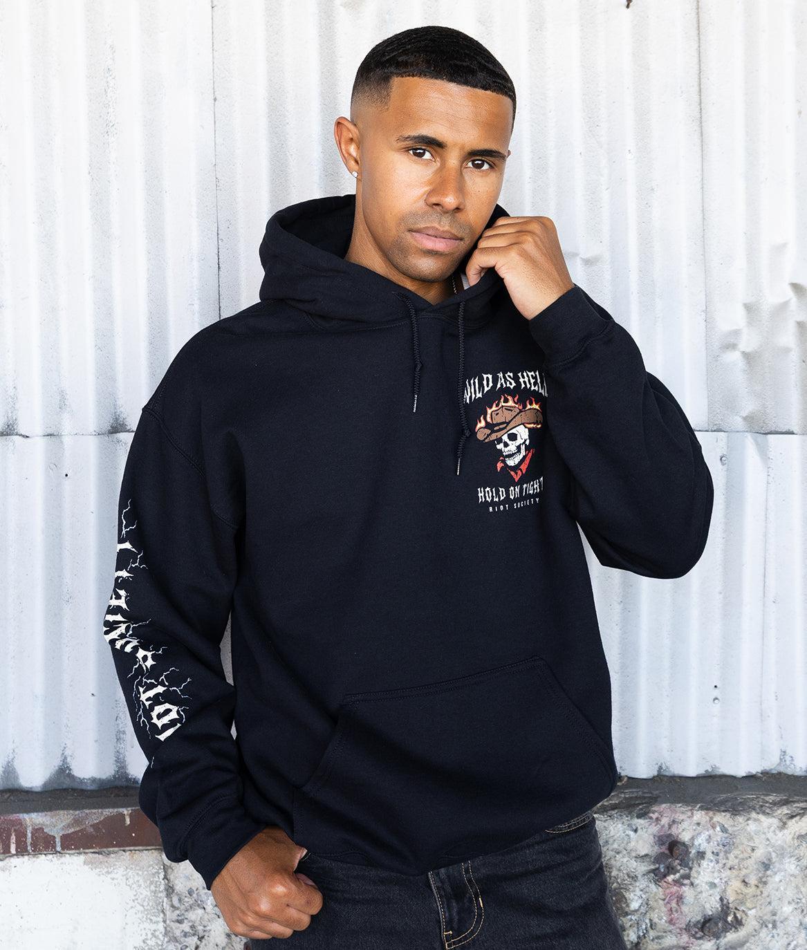 Wild As Hell Skeleton Hold On Tight Mens Hoodie - Black - - Riot Society