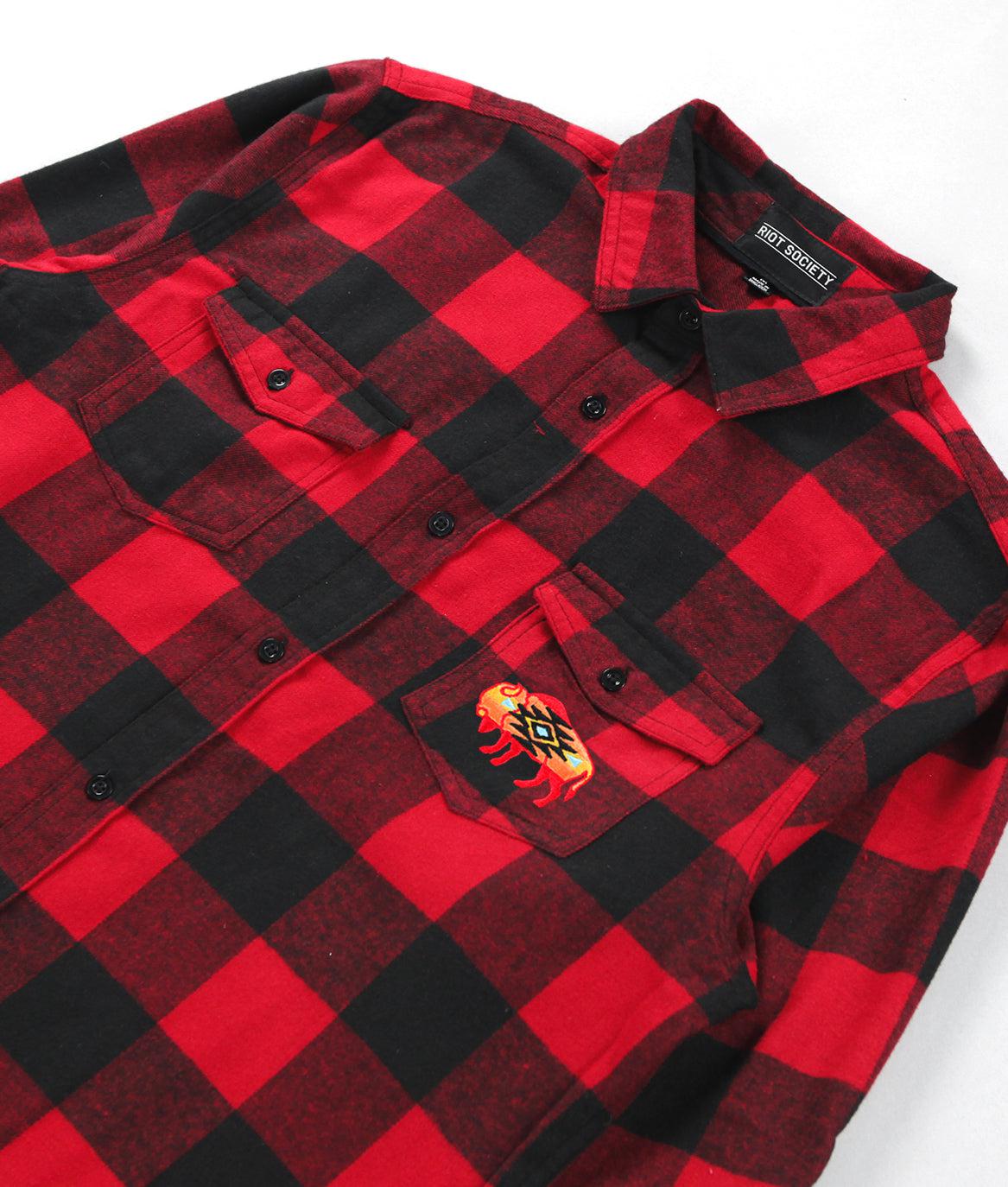 Native Buffalo Embroidered Mens Premium Yarn-Dyed Long Sleeve Flannel Shirt Sale - - Riot Society