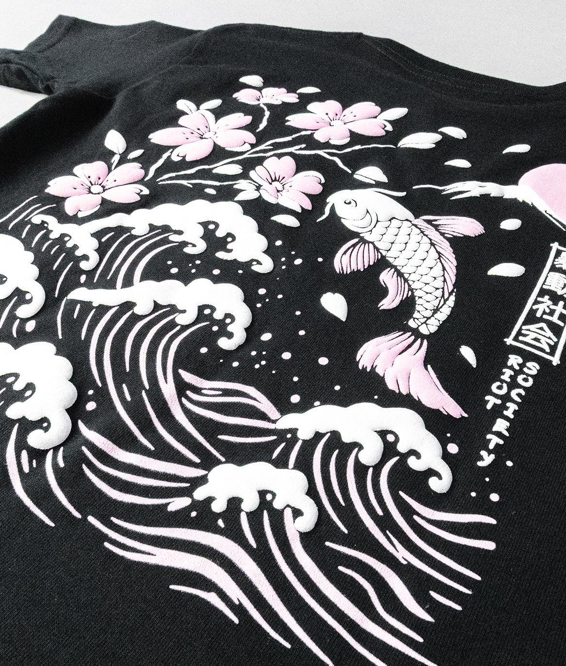 Koi Cherry Blossoms Wave Girls Tee - Black - - Riot Society