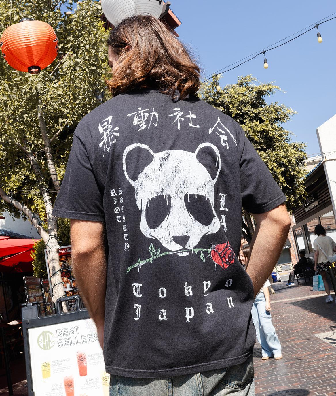 Panda Rose Distressed Premium Wash Mens T-Shirt - - Riot Society