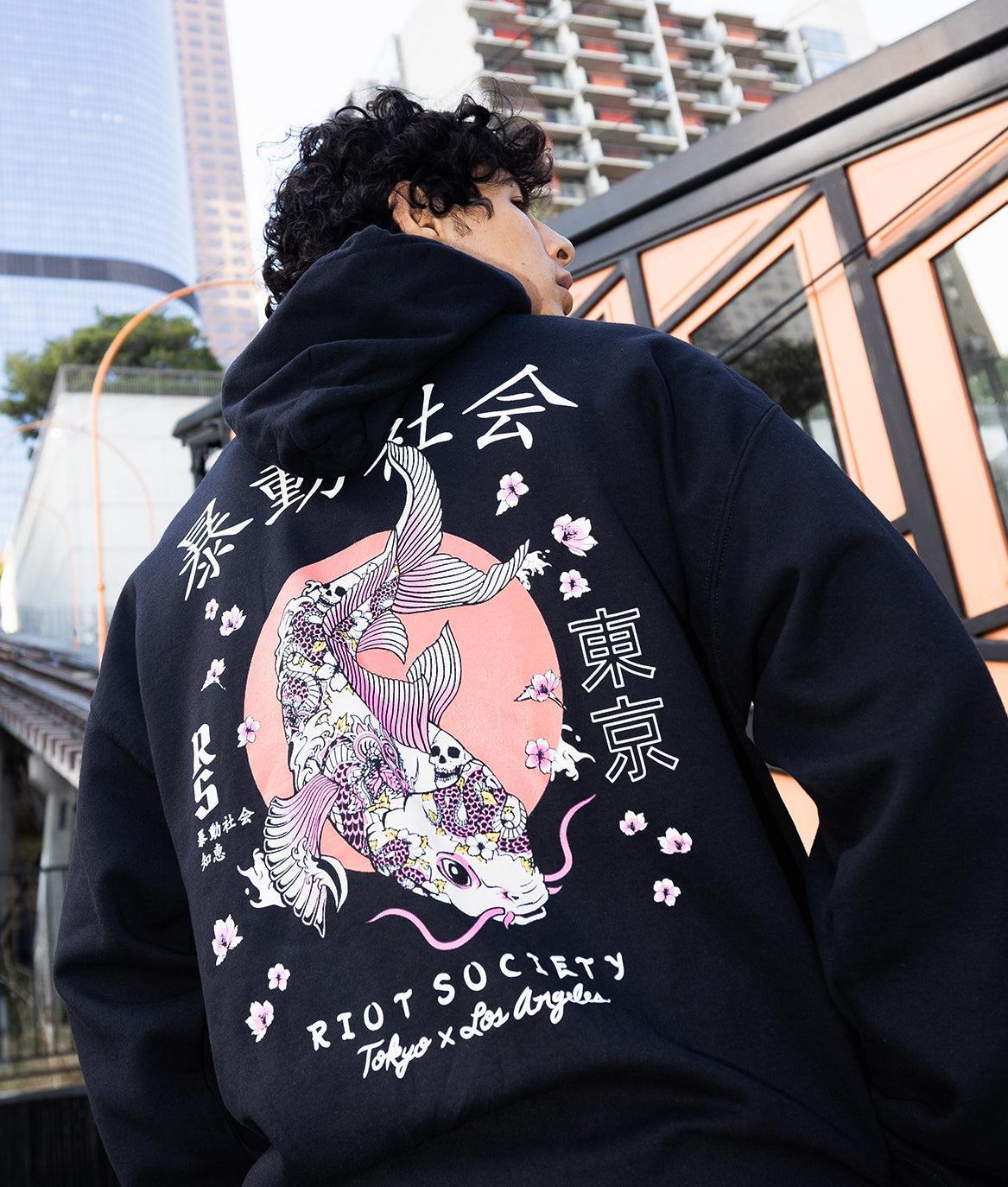 Japan Koi Tattoo Blossom Kanji Mens Hoodie - Black - - Riot Society