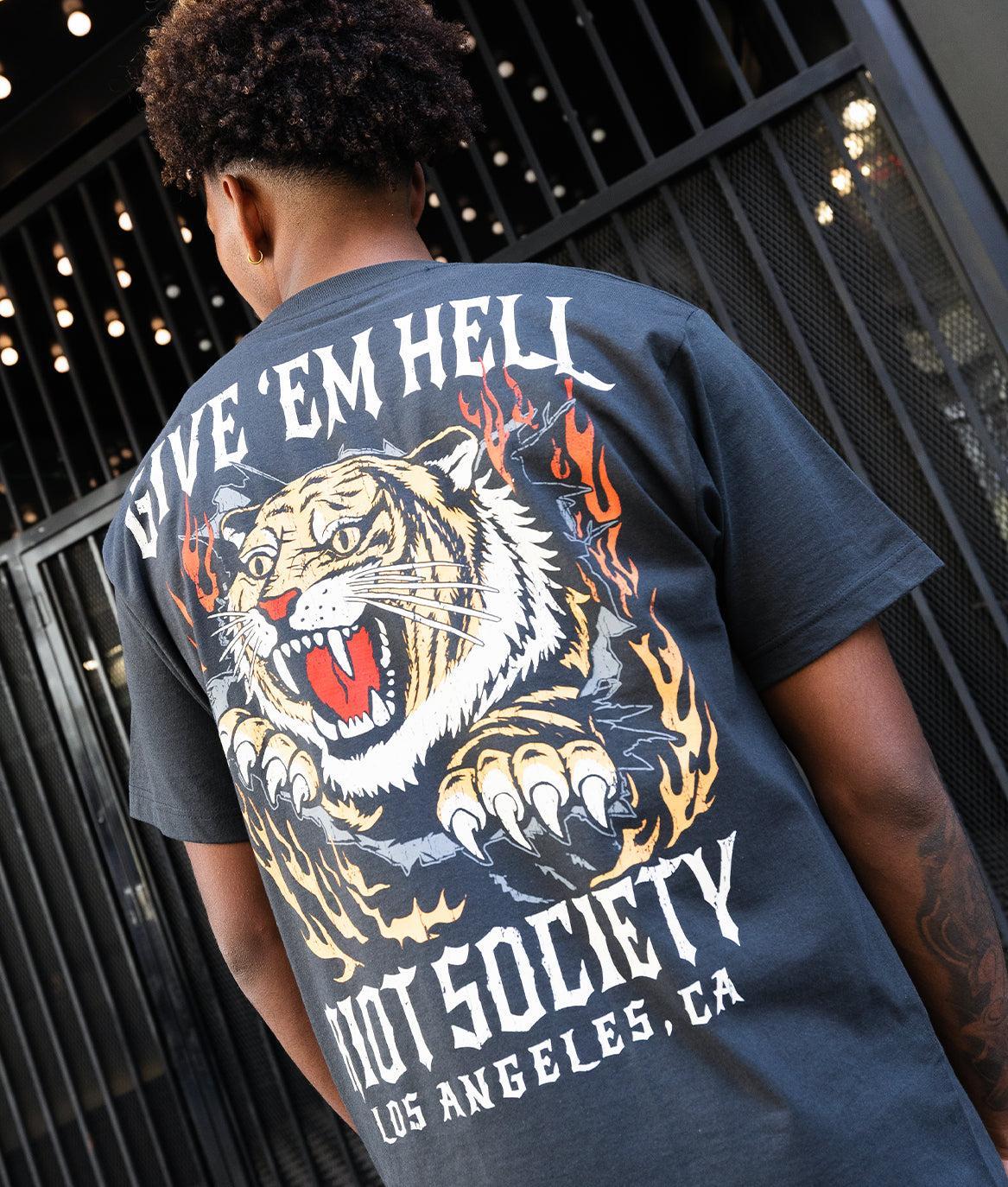 Tiger Flames Give 'Em Hell Heavyweight Boxy Mens T-Shirt - Vintage Black - - Riot Society