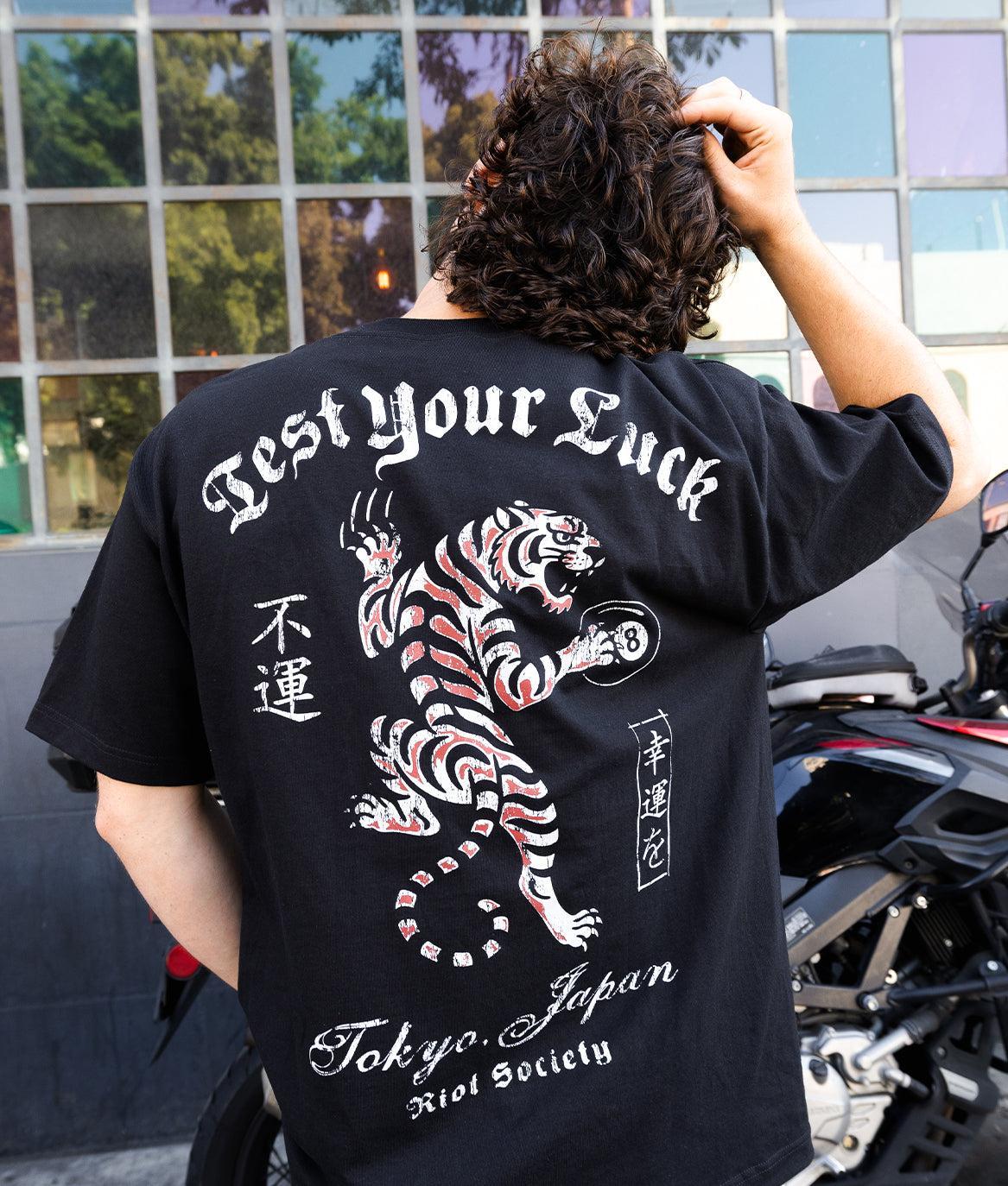 Japan Test Your Luck Tiger Heavyweight Boxy Mens T-Shirt - Jet Black - - Riot Society