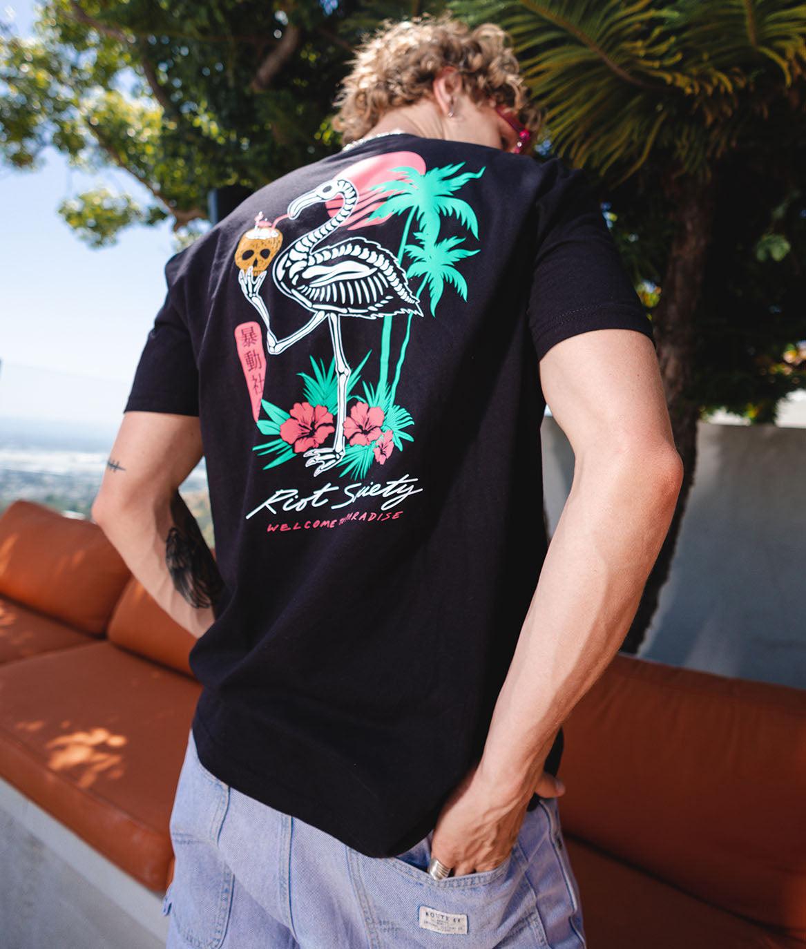 Tropical Skeleton Flamingo Mens T-Shirt - - Riot Society