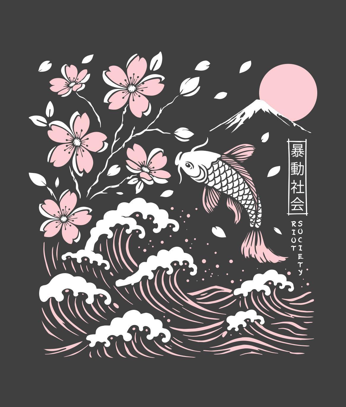Koi Cherry Blossoms Wave Puff Boyfriend Tee - Graphite - - Riot Society