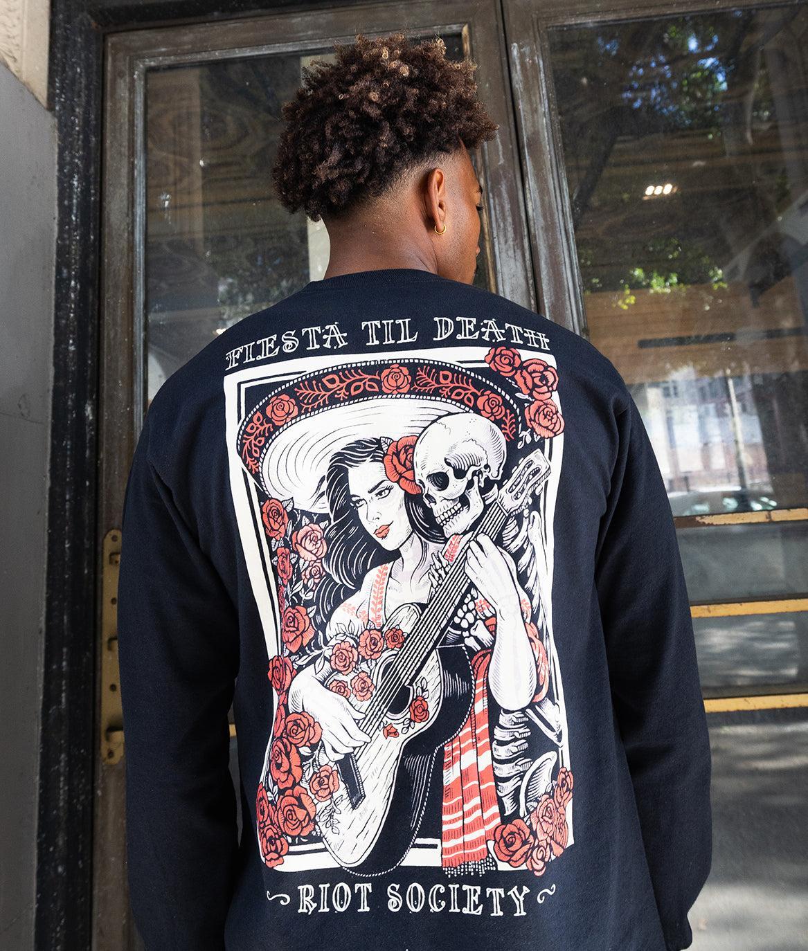 Fiesta Til Death Poster Mens Long Sleeve T-Shirt - Black - - Riot Society