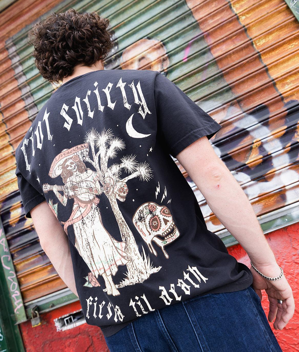 Fiesta Til Death Skull Distressed Mens T-Shirt - - Riot Society