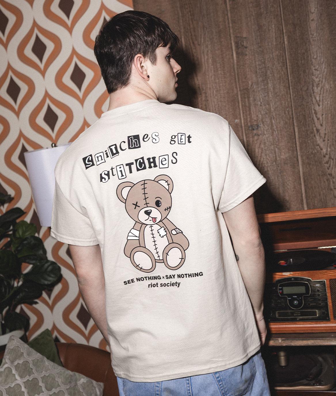 Snitches Get Stitches Teddy Mens T-Shirt - - Riot Society
