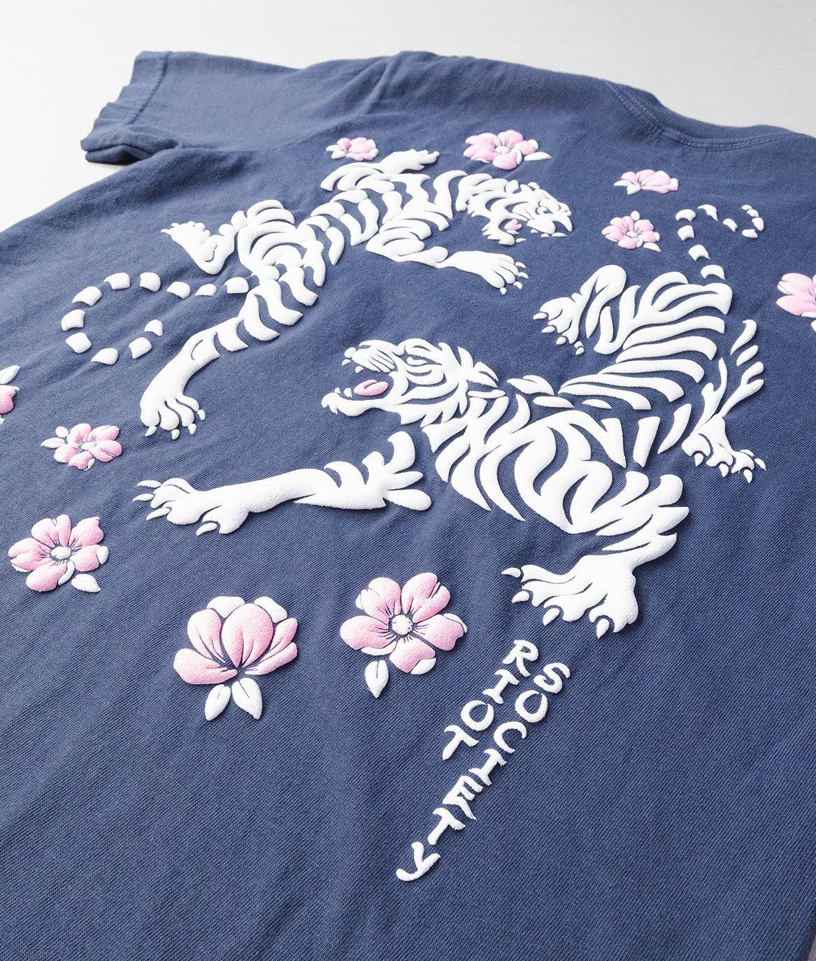 Tiger Cherry Blossoms Puff Boyfriend Tee - Navy - - Riot Society