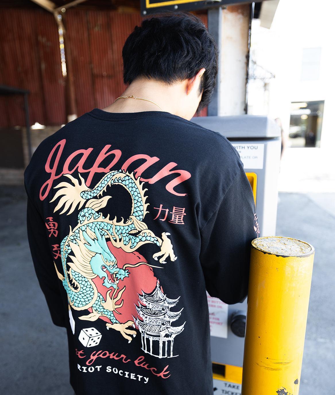 Japan Test Your Luck Dragon Puff Mens Long Sleeve T-Shirt - Black - - Riot Society