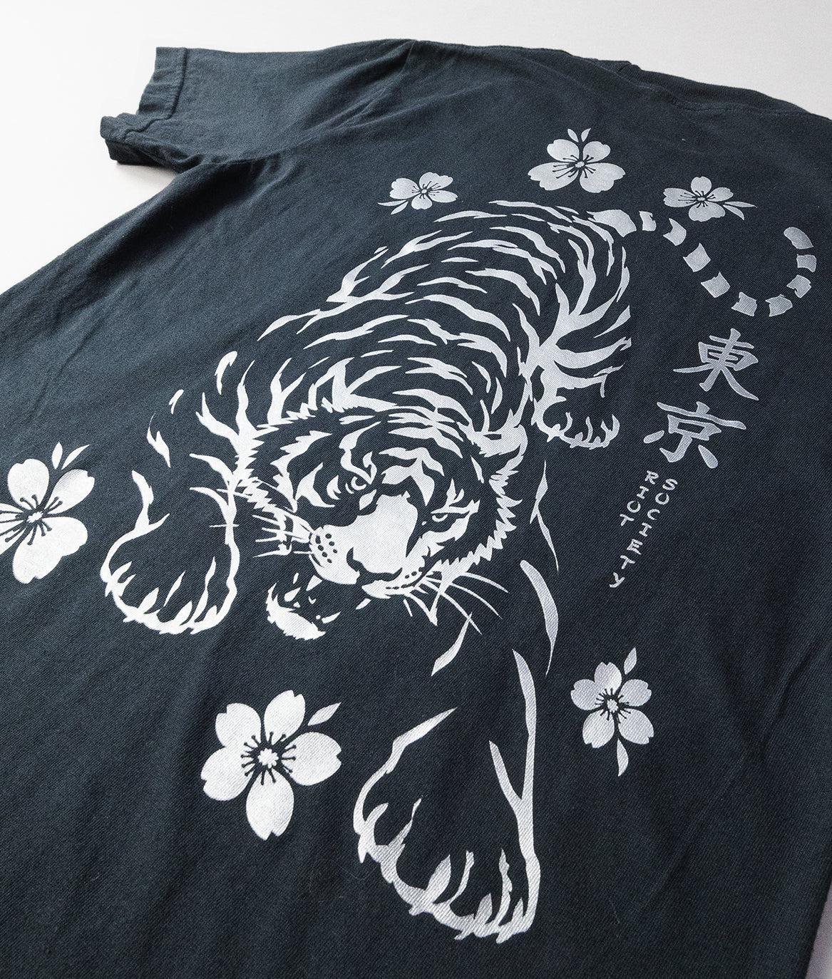 Tiger Cherry Blossoms Kanji Metallic Boyfriend Tee - Black - - Riot Society