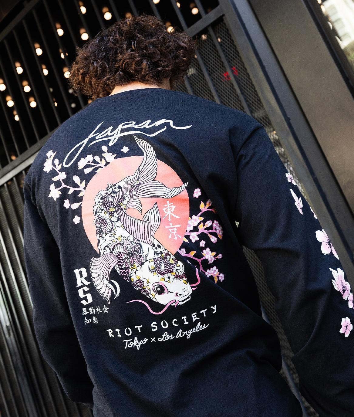 Japan Koi Tattoo Blossom Mens Long Sleeve T-Shirt - Black - - Riot Society