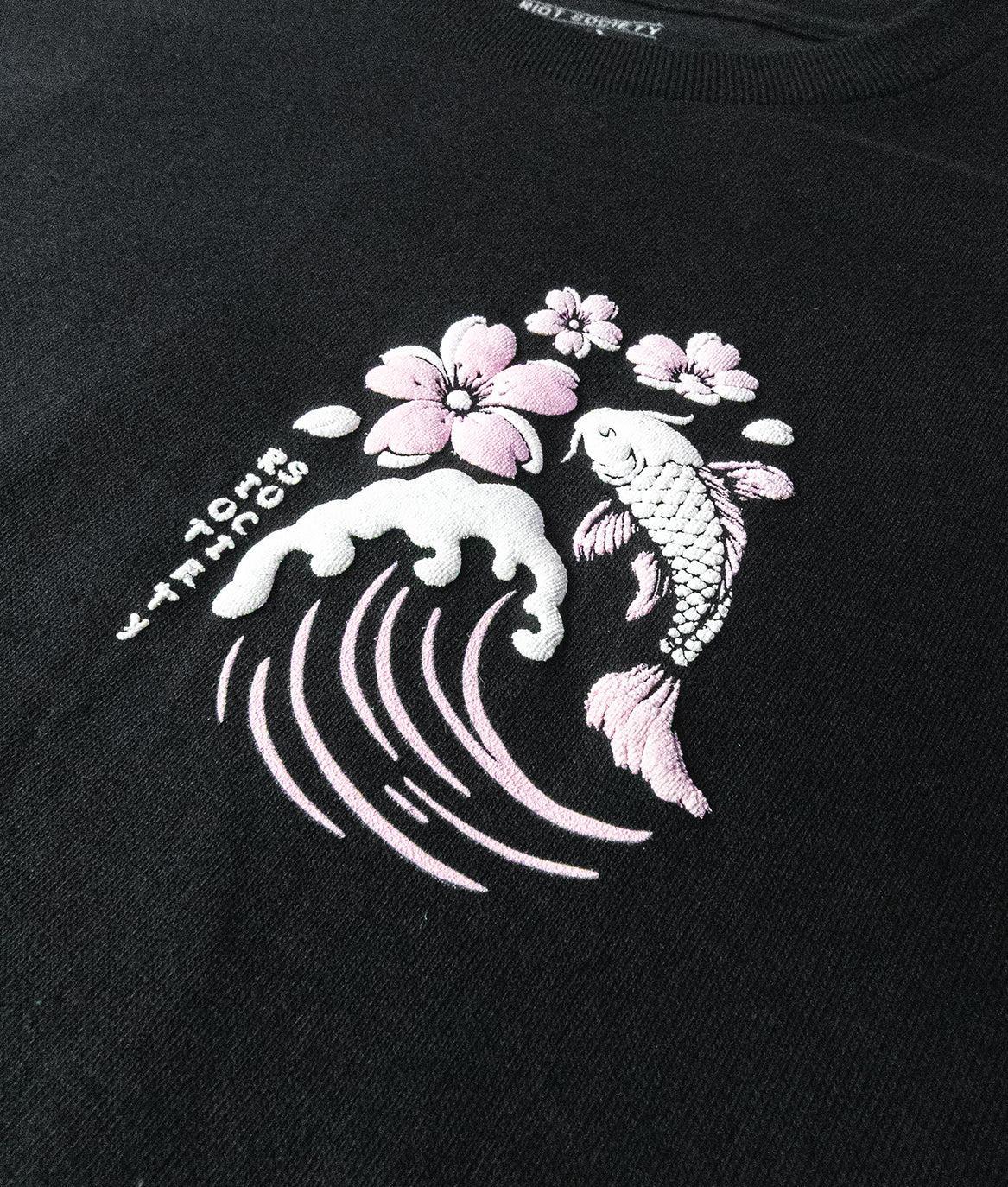 Koi Cherry Blossoms Wave Girls Tee - Black - - Riot Society