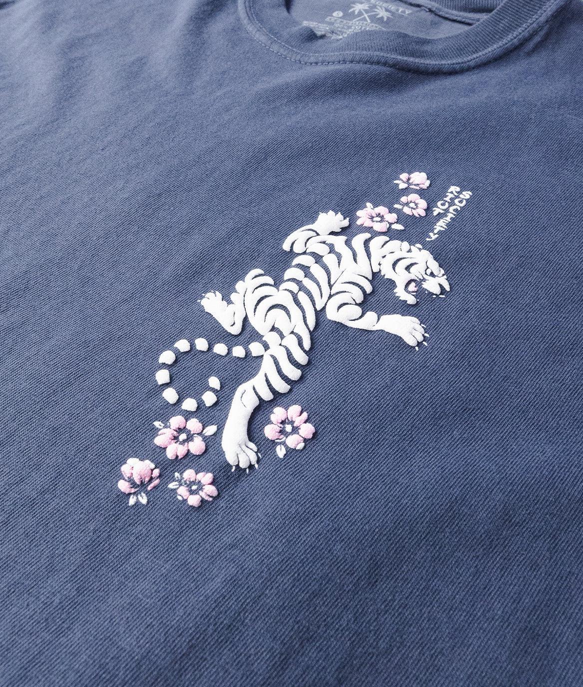 Tiger Cherry Blossoms Puff Boyfriend Tee - Navy - - Riot Society