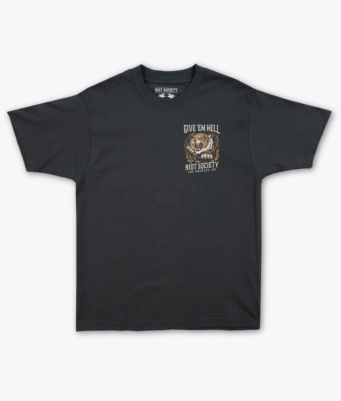 Tiger Flames Give 'Em Hell Heavyweight Boxy Mens T-Shirt - Vintage Black - - Riot Society