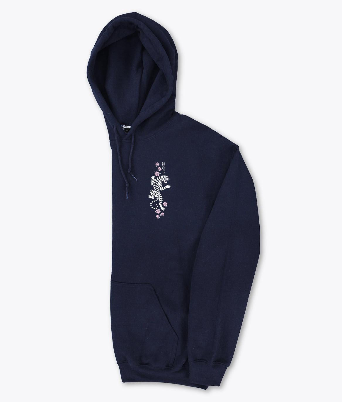 Tiger Cherry Blossoms Puff Womens Hoodie - Navy - - Riot Society