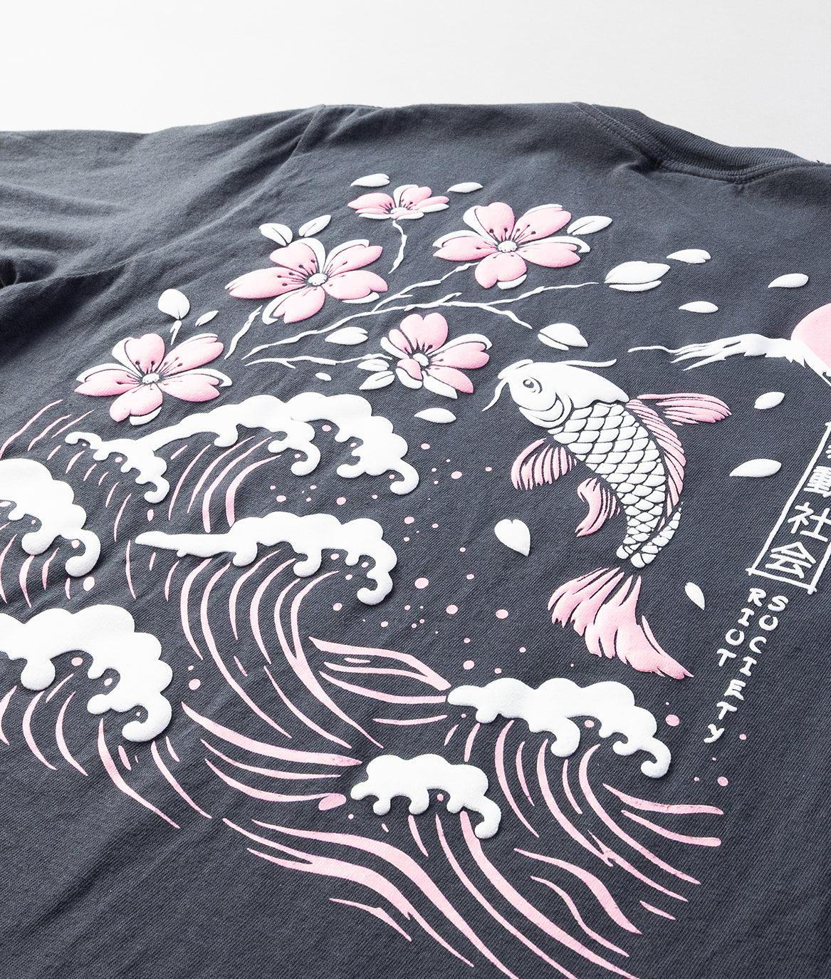 Koi Cherry Blossoms Wave Puff Boyfriend Tee - Graphite - - Riot Society