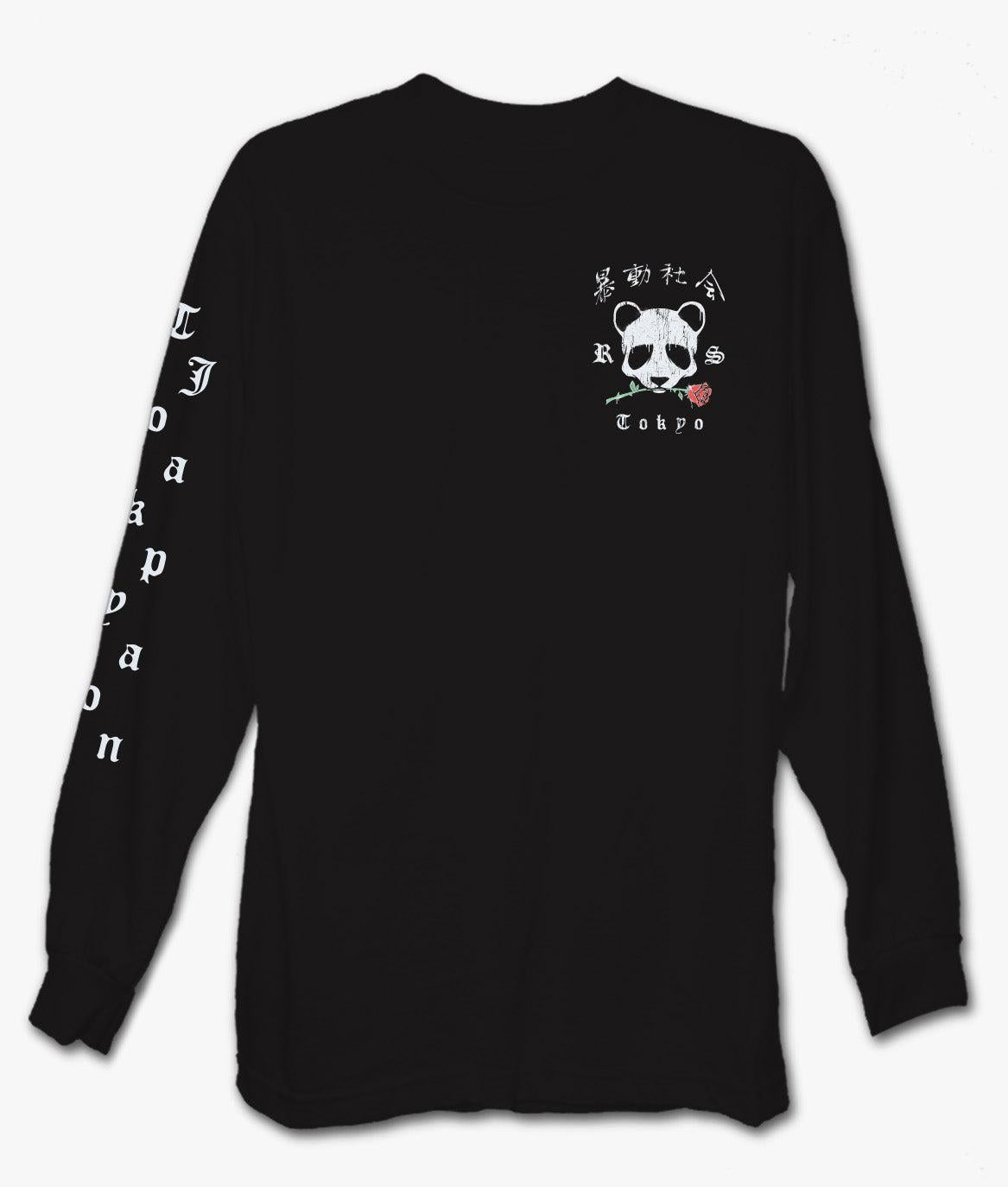 Panda Rose Distressed Mens Long Sleeve T-Shirt - Black - - Riot Society