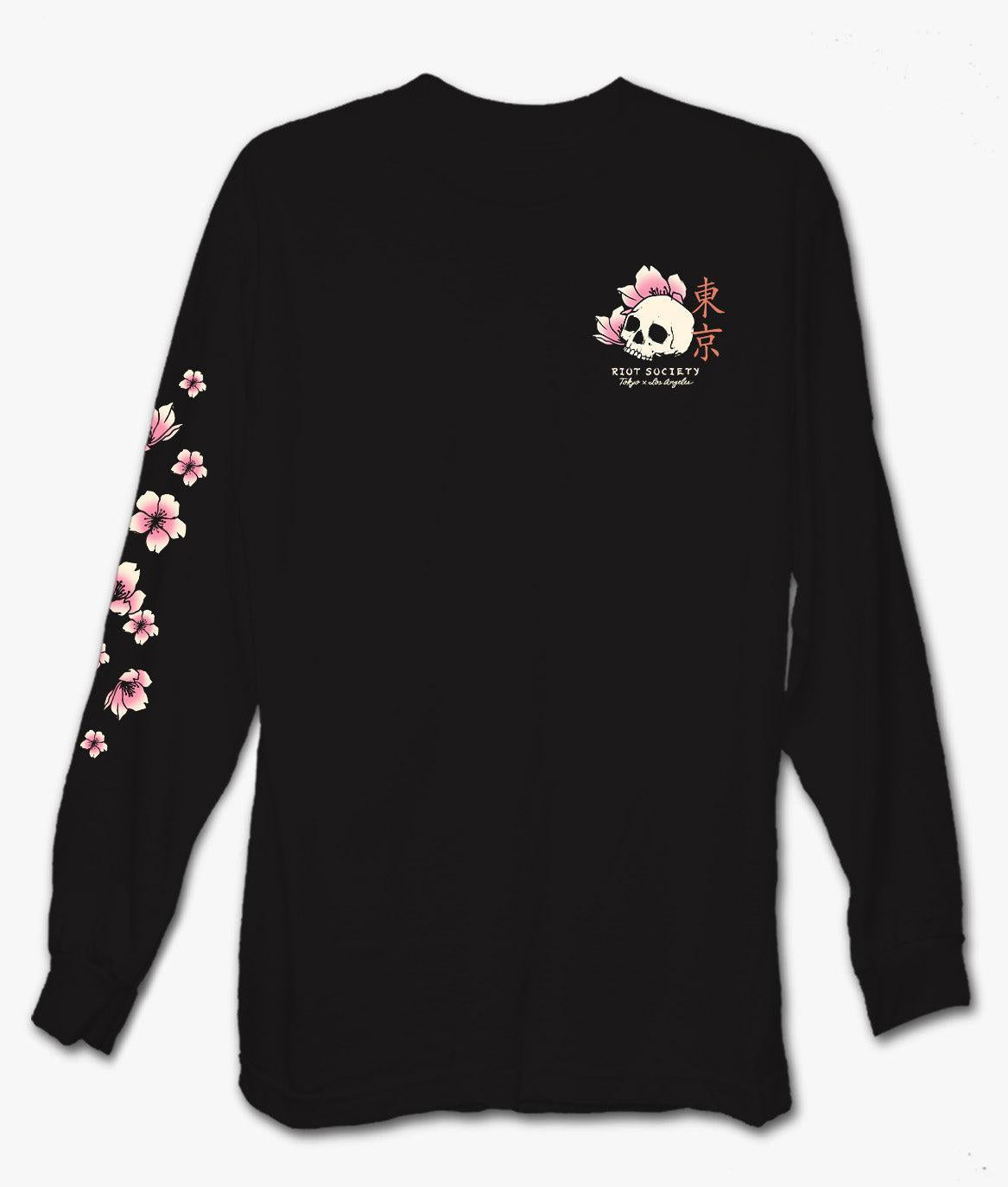 Japan Koi Tattoo Blossom Mens Long Sleeve T-Shirt - Black - - Riot Society