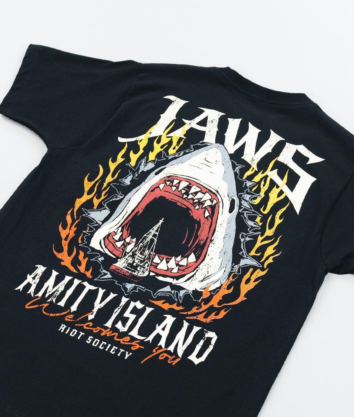 JAWS Amity Island Welcomes You Distressed Heavyweight Boxy Mens T-Shirt - Jet Black - - Riot Society