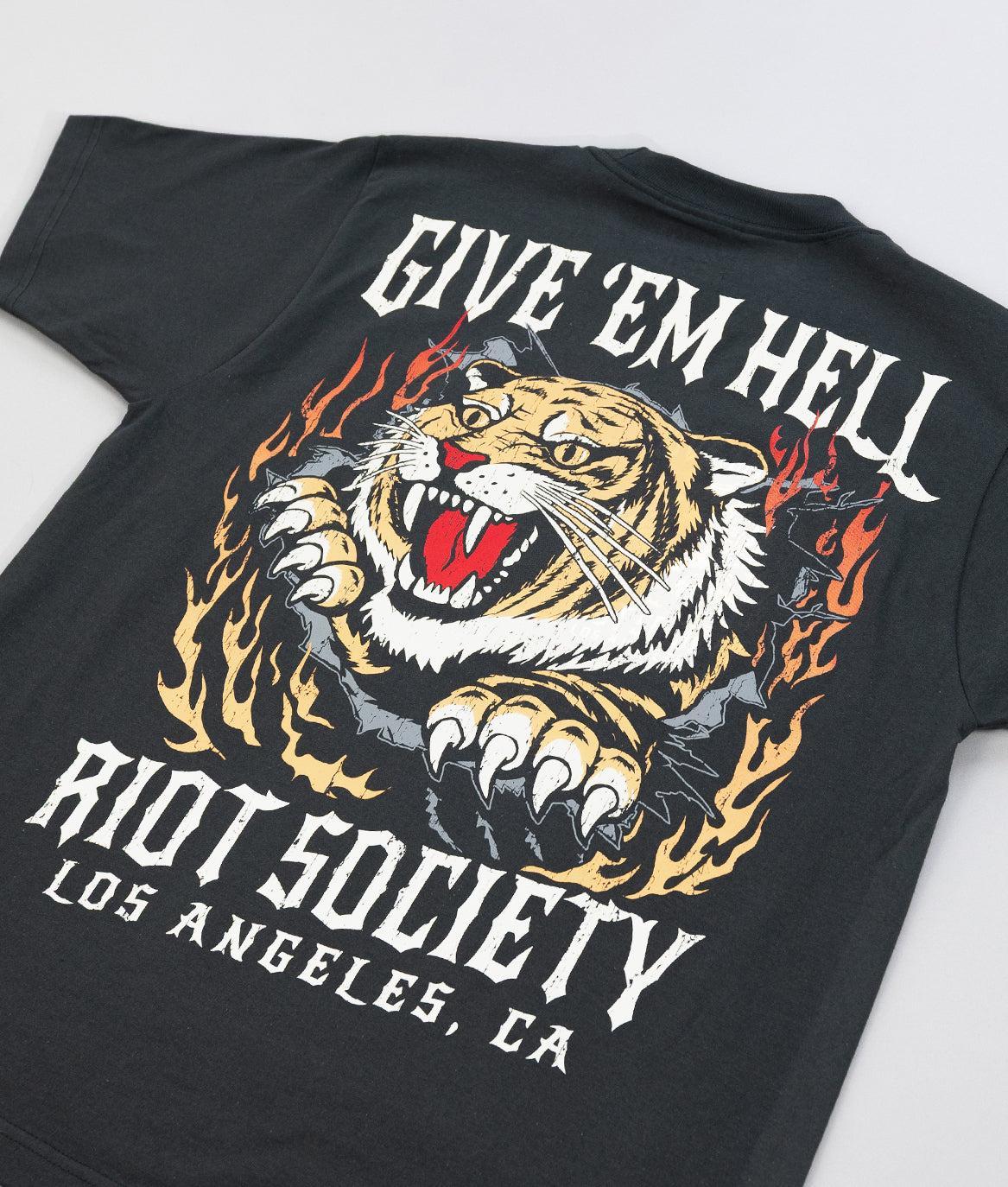 Tiger Flames Give 'Em Hell Heavyweight Boxy Mens T-Shirt - Vintage Black - - Riot Society
