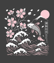 Koi Cherry Blossoms Wave Puff Boyfriend Tee - Graphite - - Riot Society